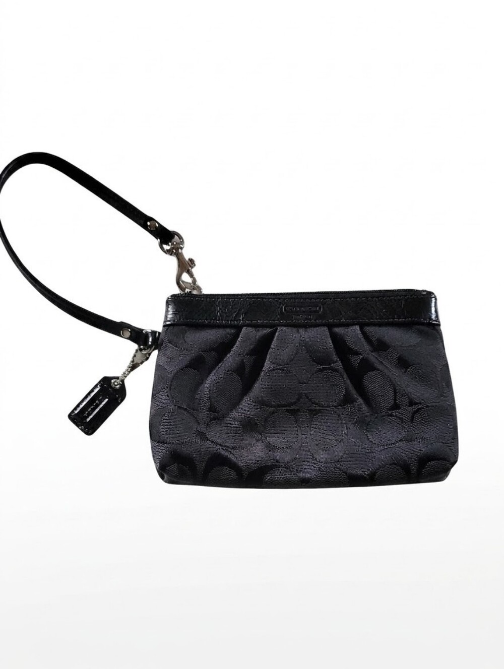 Coach Black Signature Pleated Wristlet With Patent Leather Trim